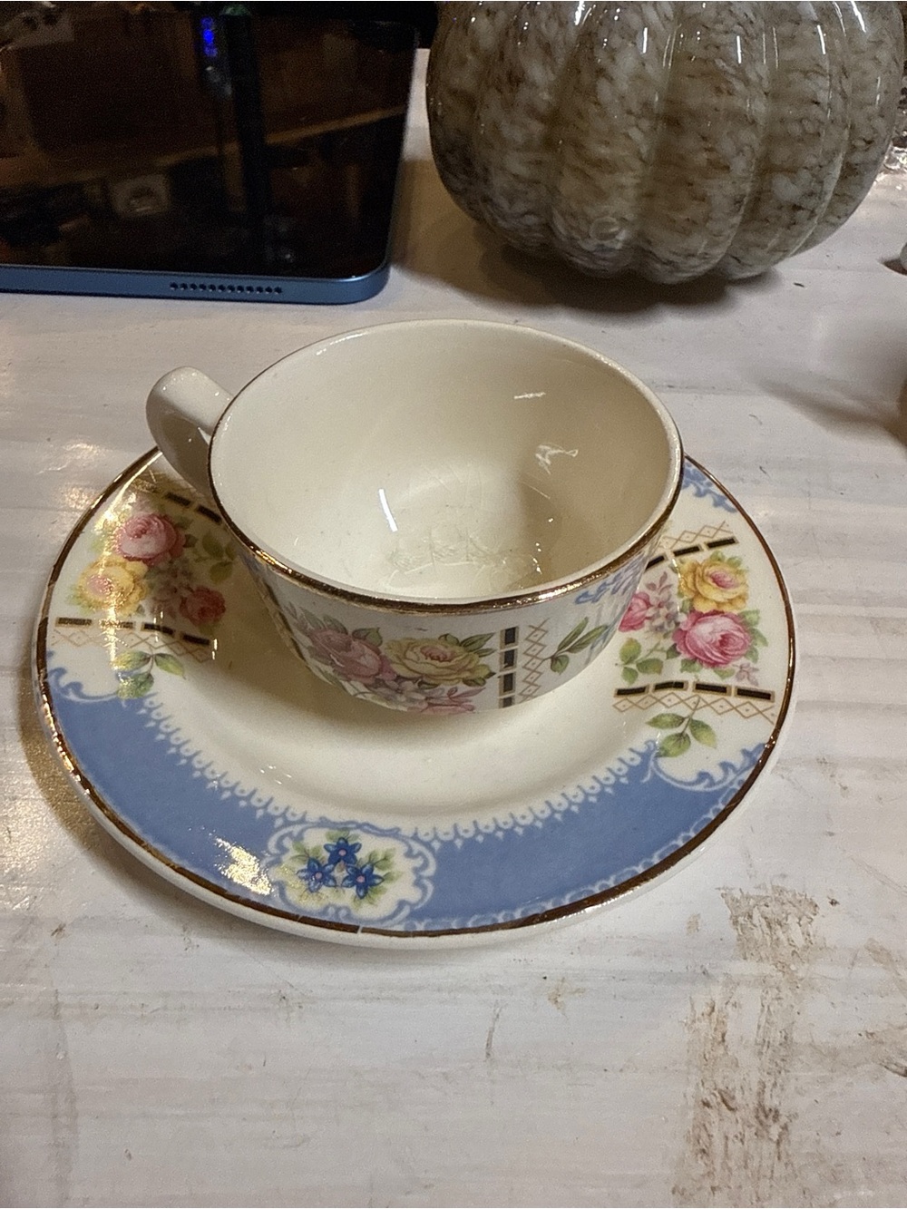 Homer Laughlin Vintage Floral Blue Trim Teacup and Saucer - Cream and Blue